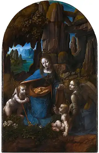 Painting representing four figures (a woman in the centre, between two babies, and a winged figure on the right) on a cavernous background.