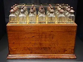 Several Leyden jars connected together = a battery. (18 inches wide × 13 inches deep × 15 inches high)