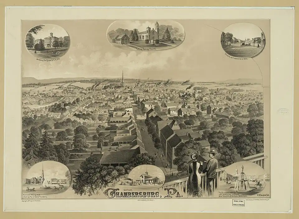 1877 view from Zion's steeple looking north toward Chambersburg's Diamond or central square, marked by the tall steeple in the distance.