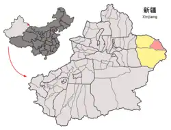 Location of Yiwu County (red) within Hami City (yellow) and Xinjiang