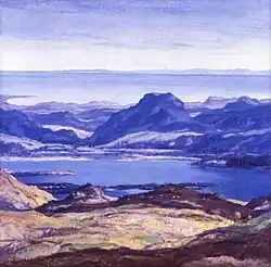 Landscape painting depicting Loch Maree painted by Sir David Young Cameon, c.1900-1924