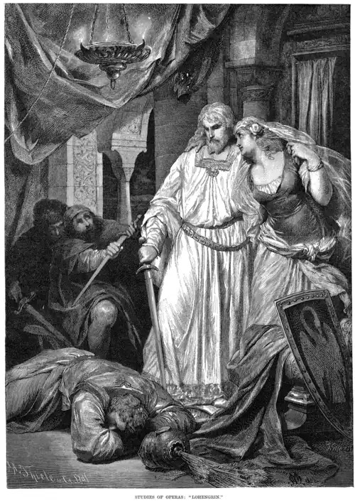 Image 27Scene from Lohengrin, by Arthur Thiele (edited by Adam Cuerden) (from Wikipedia:Featured pictures/Culture, entertainment, and lifestyle/Theatre)