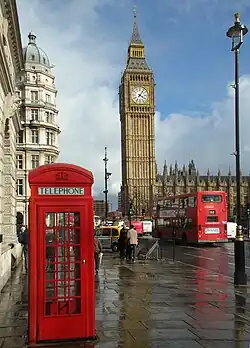 Image 6Three cultural icons of London: a K2 red telephone box, Big Ben and a red double-decker bus (from Culture of London)