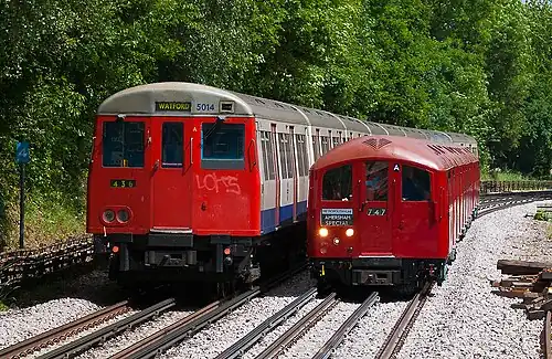 Image 10London Underground A60 Stock (left) and 1938 Stock (right) trains showing the difference in the sizes of the two types of rolling stock operated on the system. A60 stock trains operated on the surface and sub-surface sections of the Metropolitan line from 1961 to 2012 and 1938 Stock operated on various deep level tube lines from 1938 to 1988.
