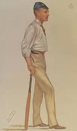 Caricature of a tall thin man with a moustache holding a cricket bat
