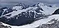 Luahna Peak from High Pass. True summit and Pilz Glacier on left; Luahna's northwest summit (aka "Chalangin Peak") and Butterfly Glacier on right