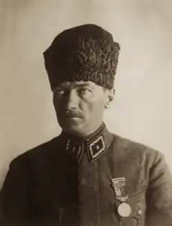 Atatürk wearing a Turkish-style kalpak