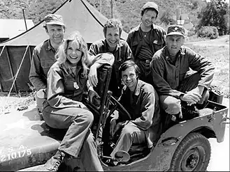 Cast just prior to production of Season 2, 1974 (clockwise from left): Loretta Swit, Larry Linville, Wayne Rogers, Gary Burghoff, McLean Stevenson, and Alan Alda
