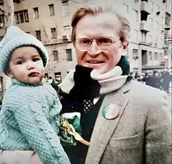 Michael Kennedy with daughter Anna at St. Patrick's day parade as they support hunger striking Irish political prisoners.
