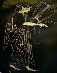 Vase painting of a woman holding a lyre.