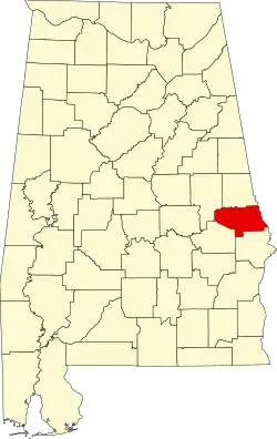 Map of Alabama highlighting Lee County