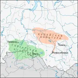 Map of Kulay (orange) and Sargatka cultures (green).