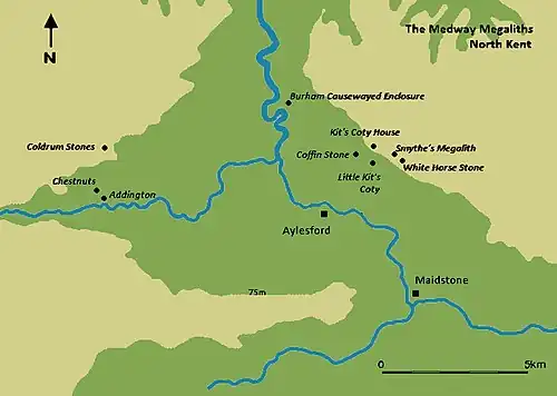 A map featuring a river moving from the top of the image (north) to the bottom right corner (southeast). Various black dots mark out the location of Medway Megaliths on either side of the river.