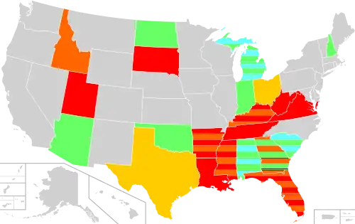 A map of U.S. states with display of the national motto in public schools and government buildings as of August 2021. Display of the motto is mandated in the schools of Florida, Mississippi, Louisiana, Arkansas, Tennessee, Kentucky, Virginia, South Dakota and Utah (Texas and Ohio also require such display if a copy of the motto is donated); it is allowed in Arizona, Oklahoma, North Dakota, Indiana, and New Hampshire. Michigan, Alabama and South Carolina also allow display in government buildings. Idaho, Kentucky and Arkansas require it in at least some of these, while Mississippi, Georgia and Florida may require insofar as it appears on their state symbols.