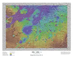 Map showing locations Uzboi Vallis and Ladon Vallis, other nearby features