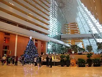 Inside the hotel lobby at Christmastime