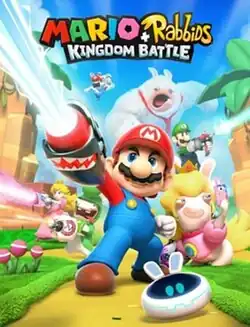 Stylized 3D render of characters in a colorful landscape. Mario is in the center, firing an arm cannon.