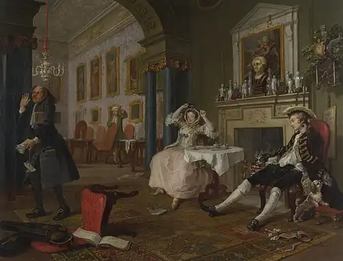 Hogarth's Marriage A-la-Mode: 2, The Tête à Tête; c. 1743.[108]