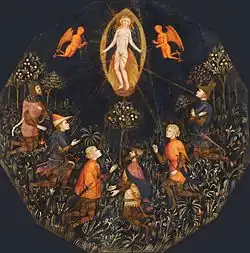 Desco da parto with Triumph of Venus, the worshippers are Achilles, Tristan, Lancelot, Samson, Paris and Troilus