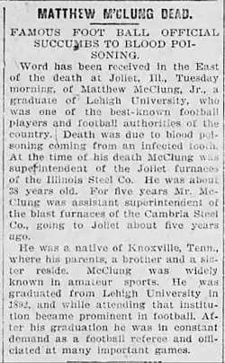A newspaper article, containing two paragraphs, discussing McClung's death
