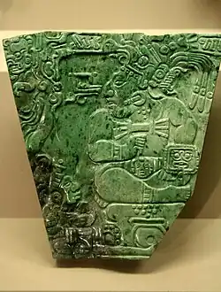 Jade plaque of a Maya king; 400-800 (Classic period); height: 14&nbsp;cm, width: 14&nbsp;cm; found at Teotihuacan; British Museum (London).