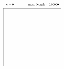 100,000 line segments are randomly generated inside a unit square, giving an approximate mean length of 0.5212.