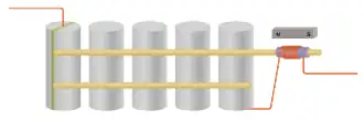 A chain of five upright cylindrical resonators. They are coupled together with two horizontal rods both attached to the same side of the resonators. The input transducer is of the type in figure&nbsp;4c and the output transducer is of the type in figure&nbsp;4a. This last has a small bias magnet nearby.