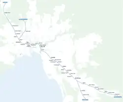 Geographic map showing the planned rapid transit corridor created by the Metro Tunnel at its full extent, including the Airport Link and short extension to Pakenham East.
