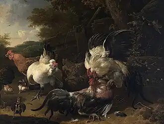 Roosters Fighting (1686), oil on canvas, 104 x 136.5&nbsp;cm., Staatliche Kunsthalle Karlsruhe