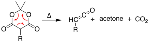 Pyrolysis of Meldrum's acid into ketene, acetone, and CO2