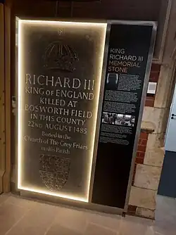 A ledger stone (memorial stone) dedicated to Richard III, originally from Leicester Cathedral