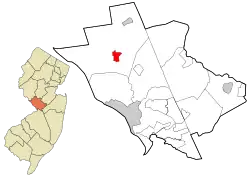 Location of Pennington in Mercer County highlighted in red (right). Inset map: Location of Mercer County in New Jersey highlighted in orange (left).