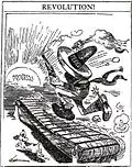 Mexico's fruitless pursuit of progress, where "lots of energy [is] expended but [there is]…no discernible forward progress."[15] It suggests that until Mexico willingly forgoes violence (the pistol) and anarchy (the torch), they will remain stagnant. (San Francisco Examiner 1913)