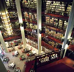 Interior view of the mezzanine from several storeys above the first floor, at the Thomas Fisdher Rare Book Library