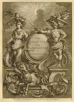Mezzotint title page from the Kit Cat Club Portraits by John Faber the Younger, 1735. Chaloner Smith 1883; British Mezzotinto portraits from the introduction of the art to the early part of the present century # 208. British Museum