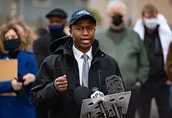 Mike Elliot, mayor of Brooklyn Center, speaking to the press