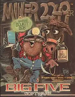 The title "Miner 2049er" are at the top with the publisher's name, "Big Five Software" at the bottom. The cartoon style artwork depicts a bearded miner wearing blue overalls, a red plaid shirt and an oversized hardhat with a mining lamp. He holds a pick axe while traveling into a mine shaft.