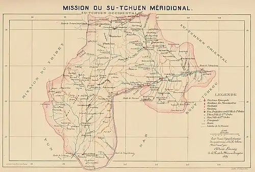 Ningyuan (Lin-yuen-fou) was part of the Southern Szechwan Mission. Map by Adrien Launay&nbsp;[fr] MEP, 1889.