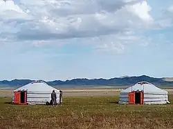 Two yurts, with people outside for scale