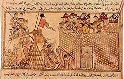 The Mongols besieging a city in the Middle East. The black banner can be seen behind the trebuchet, early 14th-century miniature from a ms. of Rashid al-Din's "History of the World" (Edinburgh University Library)