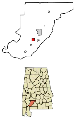 Location of Frisco City in Monroe County, Alabama.