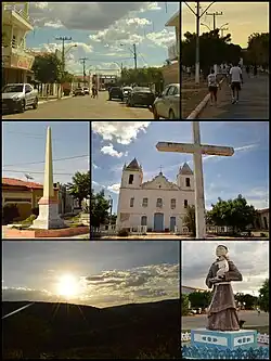 Top left: Manoel Novais Avenue; top right: sunset on the access road to the pier; center left: obelisk in Rui Barbosa Square; center right: Santo Antônio Parish Church; bottom left: hills in Boqueirão de Regino; bottom right: sculpture of Saint Anthony of Padua.