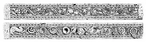 Reliefs of the Mora doorjamb with grapevine design, Mora, near Mathura, circa 15 CE. State Museum Lucknow, SML J.526.[117] Similar scroll designs are known from Gandhara, from Pataliputra, and from Greco-Roman art.