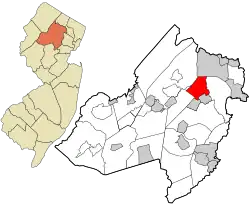Location of Boonton Township in Morris County highlighted in red (right). Inset map: Location of Morris County in New Jersey highlighted in orange (left).