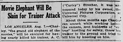Photo of newspaper clipping; headline reads Movie Elephant Will Be Slain for Trainer Attack