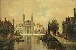 The Leprozengracht (Lepers' canal, since filled in) and in the background the Mozes en Aäronkerk, in the heart of the Jodenbuurt. Painting by J. Lamers from 1895, copied from an original work by Cornelis Christiaan Dommershuizen (1842-1928).