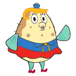 A tan-colored animated pufferfish with yellow, flattened hair and turquoise fins wears a blue shirt and a red skirt. She waves towards the reader and also has a small blue cap and red shoes.