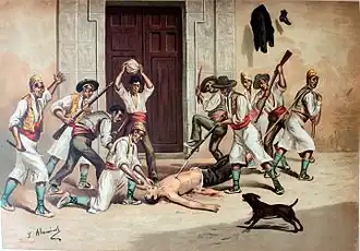 Painting of Valencian peasants stabbing their mayor, who is shirtless and on the ground, with bayonets
