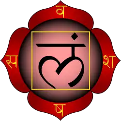 A red four-petaled lotus four petals bearing the Sanskrit letters va, śa, ṣa and sa. The central lam is surrounded by a yellow square.