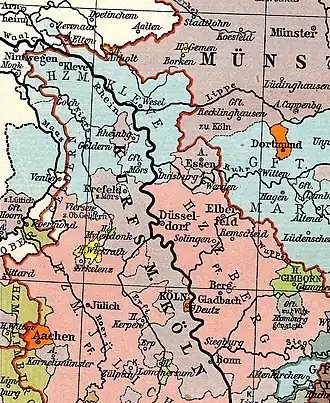 Myllendonk is shown in green to the left of the centre, north-east of the yellow Lordship of Wickrath.
